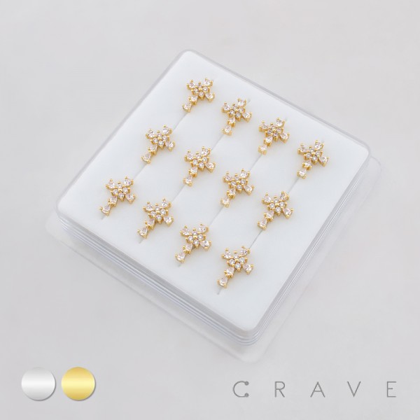 12PCS OF MULTI CZ CROSS 316L SURGICAL STEEL L-SHAPE NOSE RING BOX